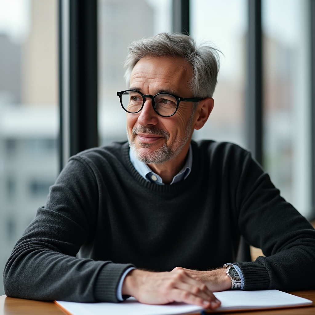 Gründer von Klarwerk sitzt an einem Schreibtisch mit Blick aus dem Fenster in einem modernen Büro
