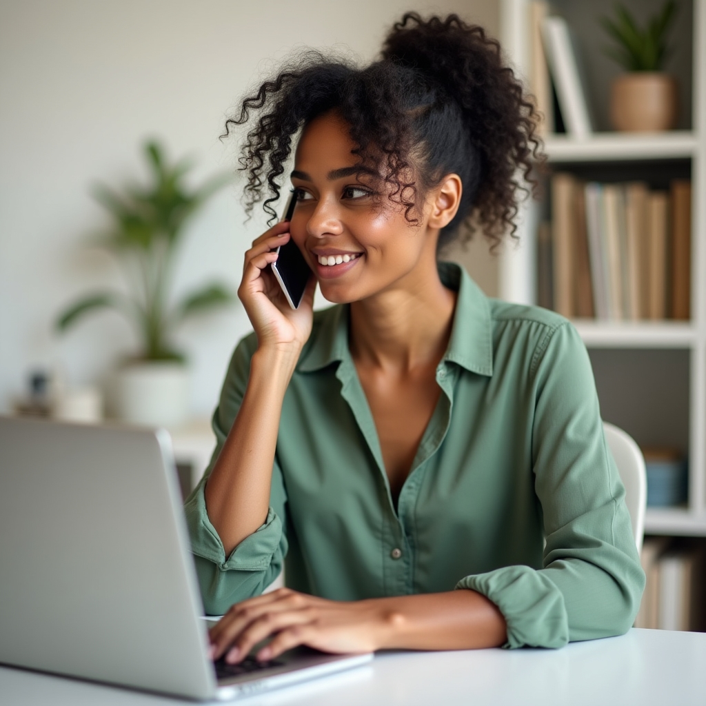 Selbstständige Person führt ein konzentriertes Telefonat am Schreibtisch